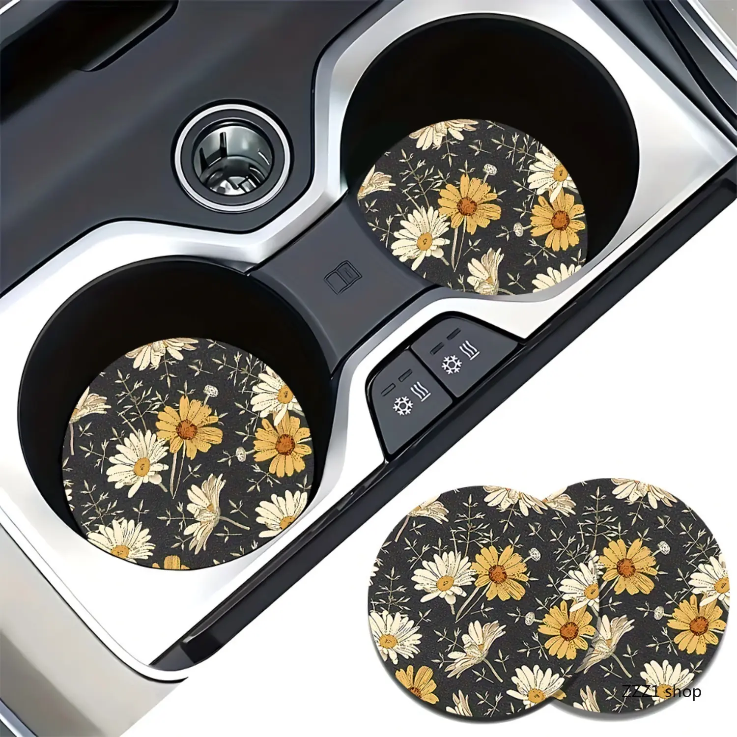2Pcs Vintage Sunflower Car Coasters Absorbent Cup Holder Mat Daisy Flower Automobile Beverage Pad Cute Vehicle Interior Accessories Gift for Women