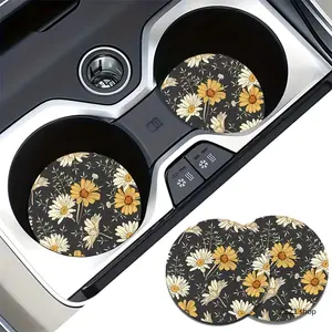2Pcs Vintage Sunflower Car Coasters Absorbent Cup Holder Mat Daisy Flower Automobile Beverage Pad Cute Vehicle Interior Accessories Gift for Women