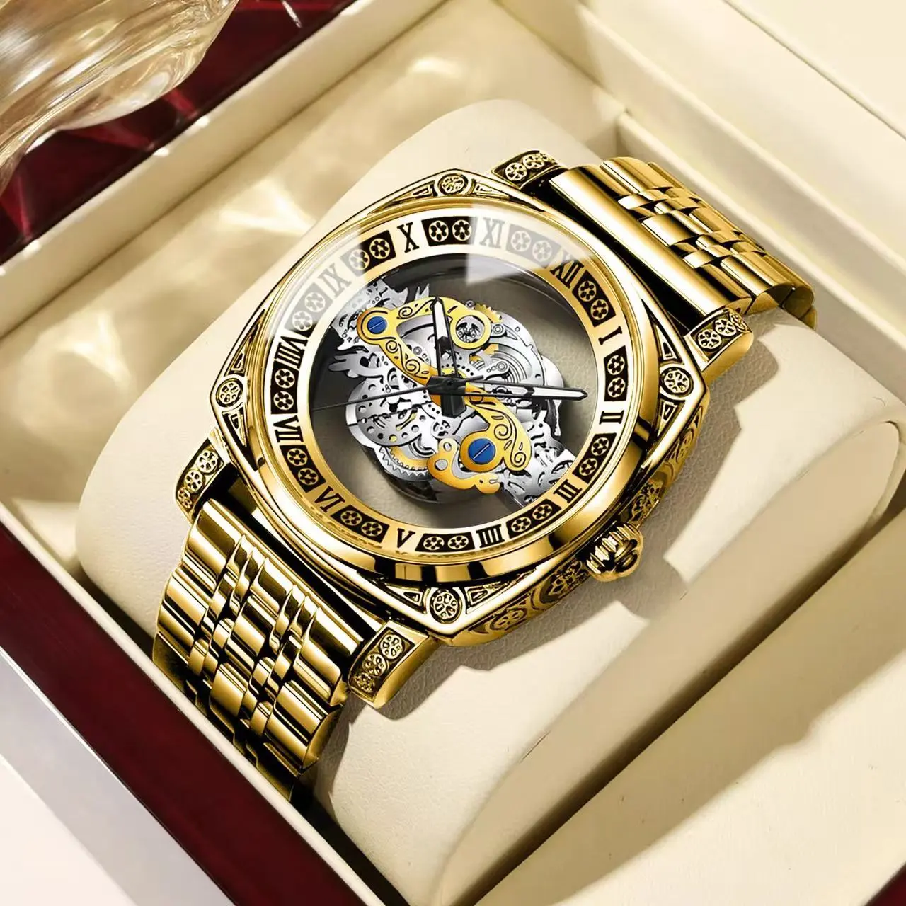 Men's Retro Style Watch with Engraved Openwork Tourbillon, Genuine Leather Strap and a Large Casual Dial, Watches