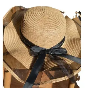 Summer mesh bow big brim straw hat outdoor beach visor elegant fashion women's wavy edge sun hat