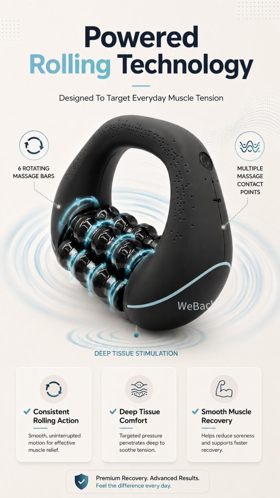 WeBack Handheld electric rolling massager provides full-body relief for deep tissues and muscle with 3-speed rotation. summerwins WeBack Handheld electric rolling massager provides full-body relief for deep tissues and muscle with 3-speed rotation. summerwins