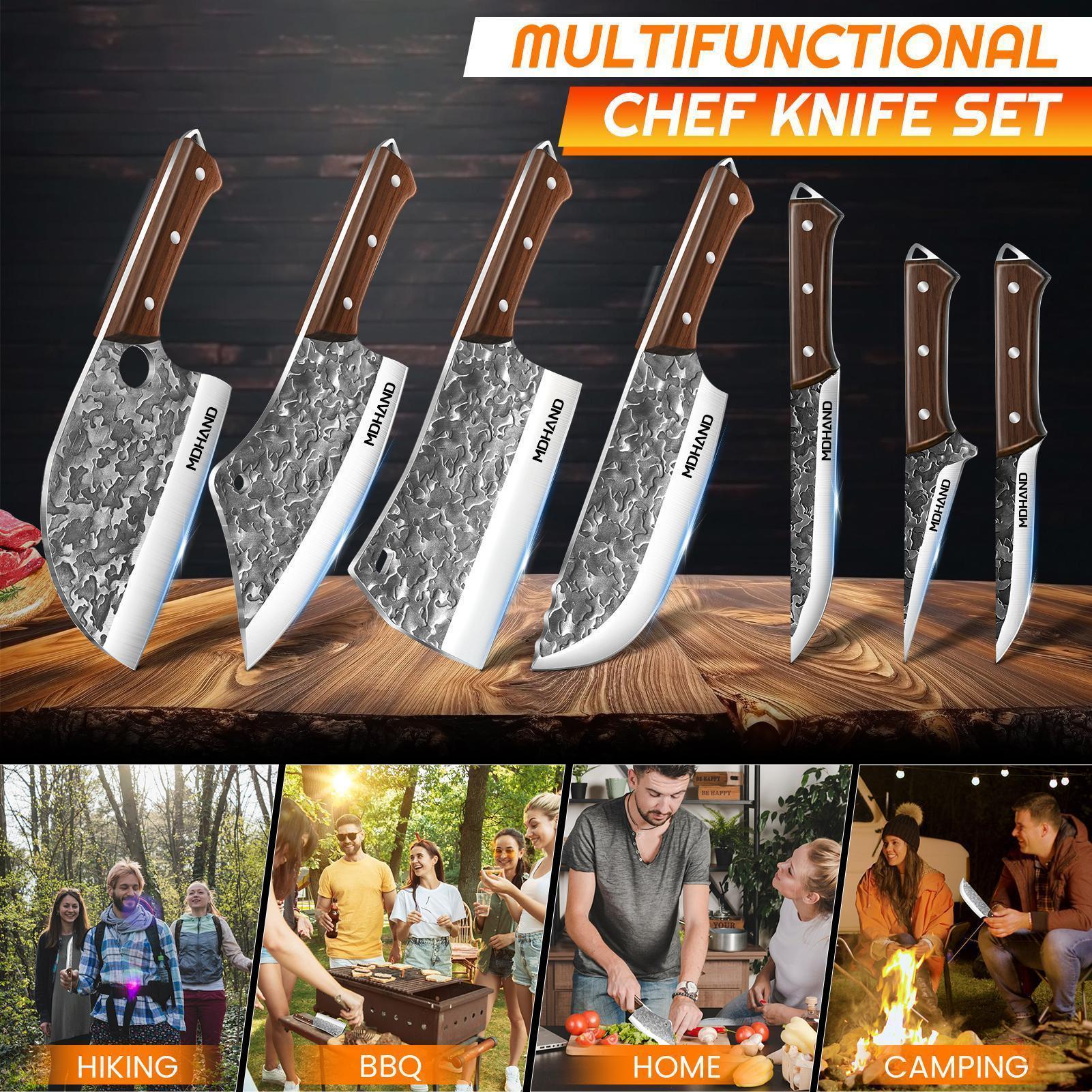 MDHAND Kitchen Knife Set, 14PCS Butcher Cleaver Knife Set High Carbon Steel for Meat Cutting Serbian Chef Knife Viking Boning Cleaver with Sheaths for Kitchen Outdoor BBQ Camping