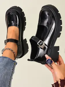 New Fashion Sweet Cool Style Classy Stylish Metallic Buckle Thick Sole Mary Jane Shoes, Chunky Heel Platform College Wind Women Small Leather Shoes