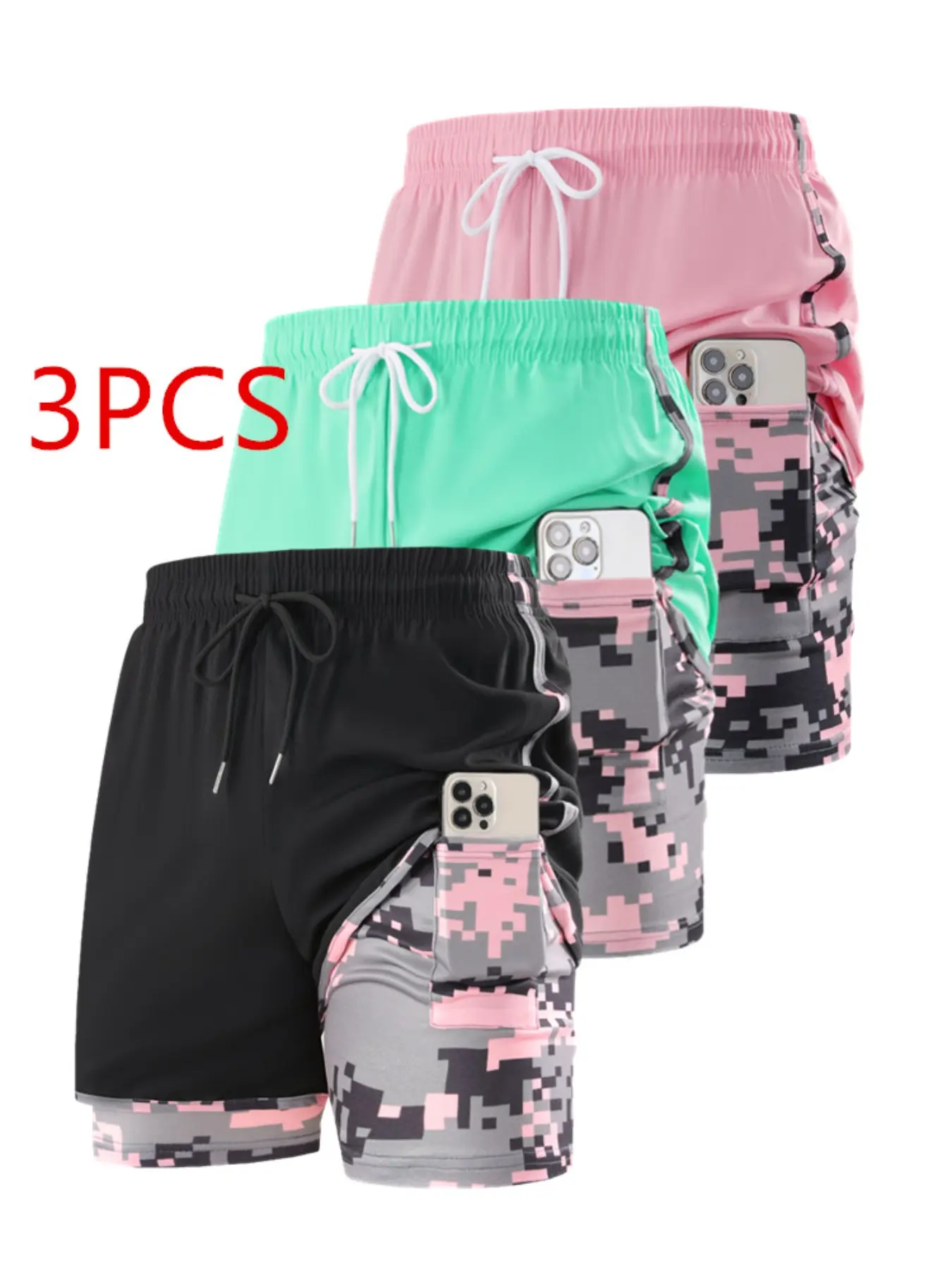 3-piece set of women's 2-in-1 camouflage printed sports shorts, quick drying running shorts with phone pocket, elastic waist sports shorts, Workout Gym Shorts, Athletic Wear Shorts, Athleisure Shorts