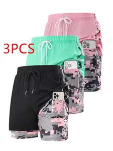3-piece set of women's 2-in-1 camouflage printed sports shorts, quick drying running shorts with phone pocket, elastic waist sports shorts, Workout Gym Shorts