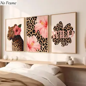 3pcs Leopard Print & Peony Flower Wall Art Decor, Floral Prints, Bold Patterns, Soft Macaron Colors, Perfect Focus for Any Room, Dorm/apartment/mansion