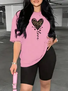 Women's Fashion Leopard Print Love Pattern Two-Piece Set, Colorful Short Sleeve T-Shirt and Shorts, Casual Fitted Suit, Outfit