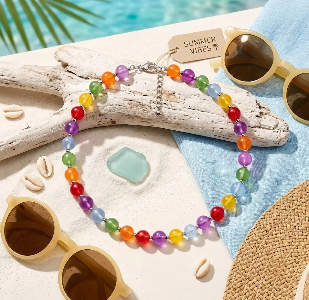 Rainbow Bunchin' Beads Choker Necklace - UV Reactive Resin Beads, Adjustable Beaded Design, Waterproof Dopamine Summer Jewelry, Stackable Stainless Steel Bendable, Unisex Multi-Size Colorful Funky Accessories, Custom Size Available, Casual
