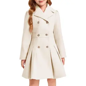 Haloumoning Girls Winter Dress Coat Button Peacoat Notch Lapel Double Breasted Outerwear with Pockets 5-14 Years