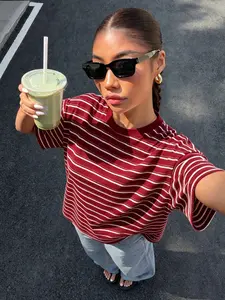 Women's Striped T-Shirt, Casual Round Neck, Loose Fit, Perfect for Daily Ootd, Street Style, Lazy Time, Fashion Neutral Wear, Z Generation, Y2K Trend, Summer