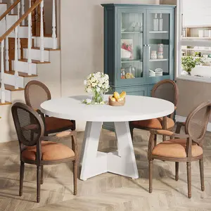 Tribesigns Round Dining Table for 4-6 People 47 Inch Wood Dining Table with Pedestal Base Walnut (White)