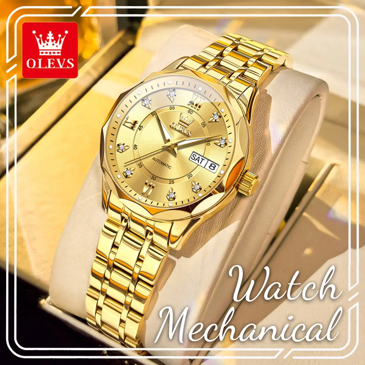 OLEVS 6727 Women's Automatic Analog Round Watch, Luxury Elegant Stainless Steel with Waterproof Luminous Dial, Day Date Display and Clasp, Luminescent Dial, Steel Strap, Accessories For Women