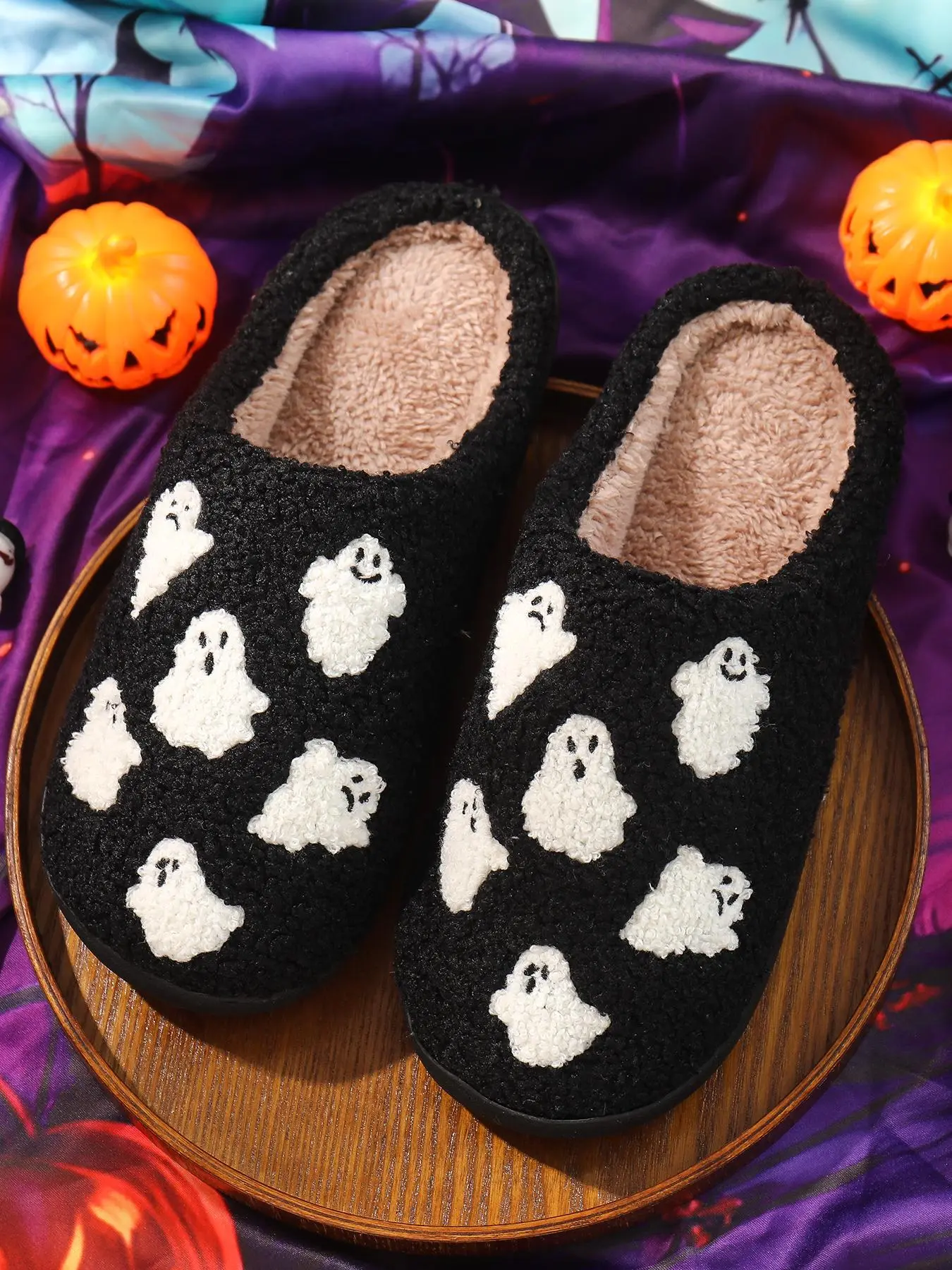 Women's 2024 Cute Cartoon Ghost Print Plush Slippers, Fuzzy House Slippers, Soft Comfortable Fluffy Home Slippers, Warm Slippers for Indoor & Outdoor Use for Gifts, Back To School, Fall Outfits, Fall Freshness, Warm Home Shoes