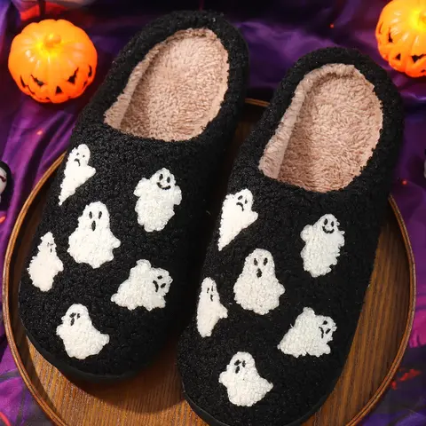 Women's 2024 Cute Cartoon Ghost Print Plush Slippers, Fuzzy House Slippers, Soft Comfortable Fluffy Home Slippers, Warm Fun Slippers for Indoor & Outdoor Use for Gifts, Back To School, Fall Outfits, Fall Freshness