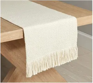 Handwoven Basketweave Cotton Fringe Table Runner