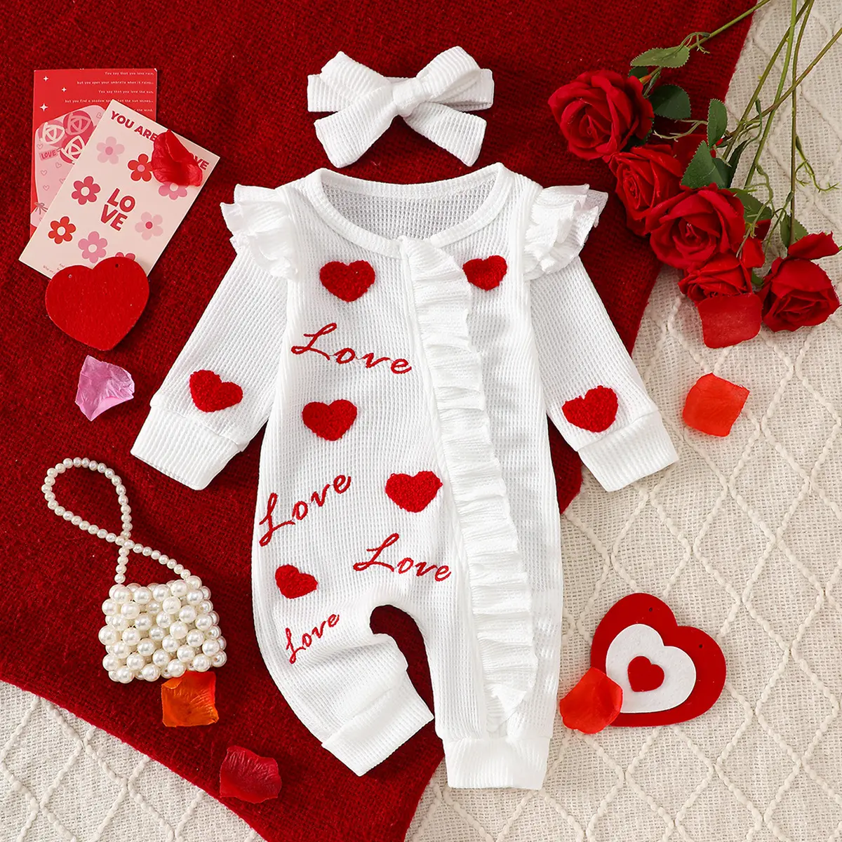 Ready Stock 0-18m Baby Girls Valentine's Day Heart/Clover Embroidery Ruffle Long Sleeve Single Breasted Design Bodysuit With Headband Clothing Set C417 Romper Special Gift Set Newborn Infant Newborn Infant