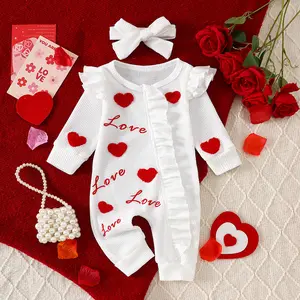 Ready Stock 0-18m Baby Girls Valentine's Day Heart/Clover Embroidery Ruffle Long Sleeve Single Breasted Design Bodysuit With Headband Clothing Set C417 Romper Special Gift Set Newborn Infant Newborn Infant