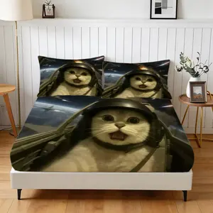Quirky Cat Themed Fitted Bed Sheet Set, Including 1 Fitted Sheet and 2 Pillowcases. Fun & Cute Pet Style Bedding, Ideal for Young Adults, Cat Lovers and Those Who Love Unique Home Decor.
