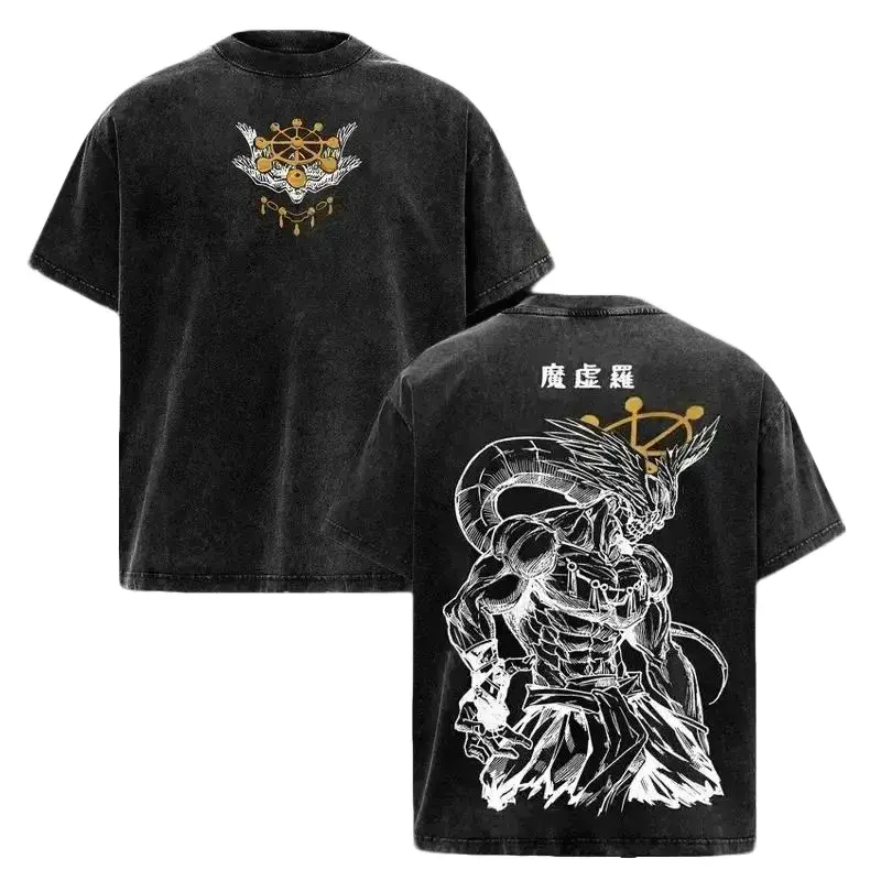 Men's Classic Jujutsu Kaisen Mahoraga Graphic Short-Sleeve T-Shirt - Vintage Washed Oversized Dark Streetwear Menswear, Ribbed Round Neck, Soft Cotton Unisex 1-Piece Seamless Top, Gift for JJK Fans