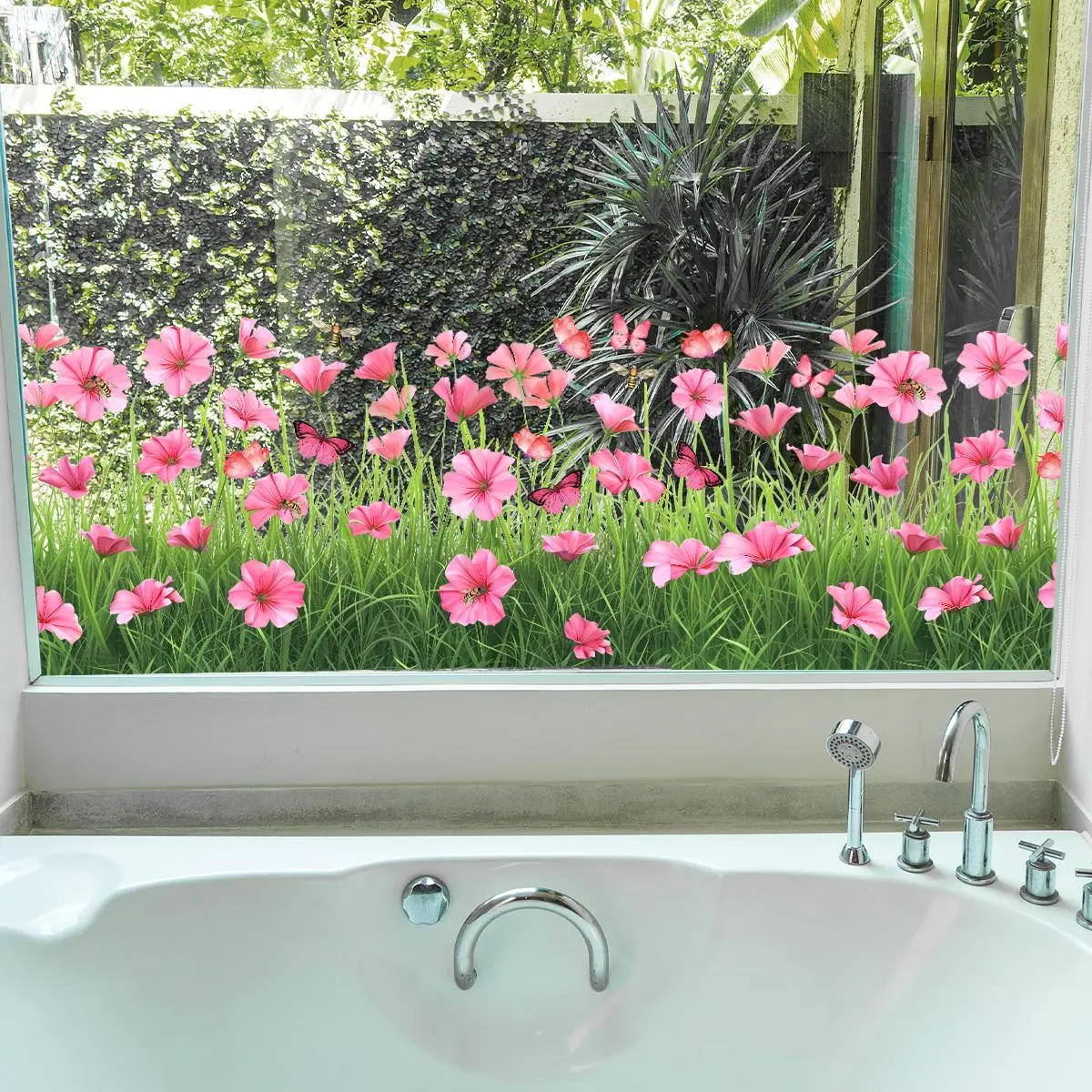 Flower Pattern Window Sticker, 2 Counts/set Double Sided Window Decal, Decorative Sticker for Home Bathroom Living Room Bedroom, Ornaments