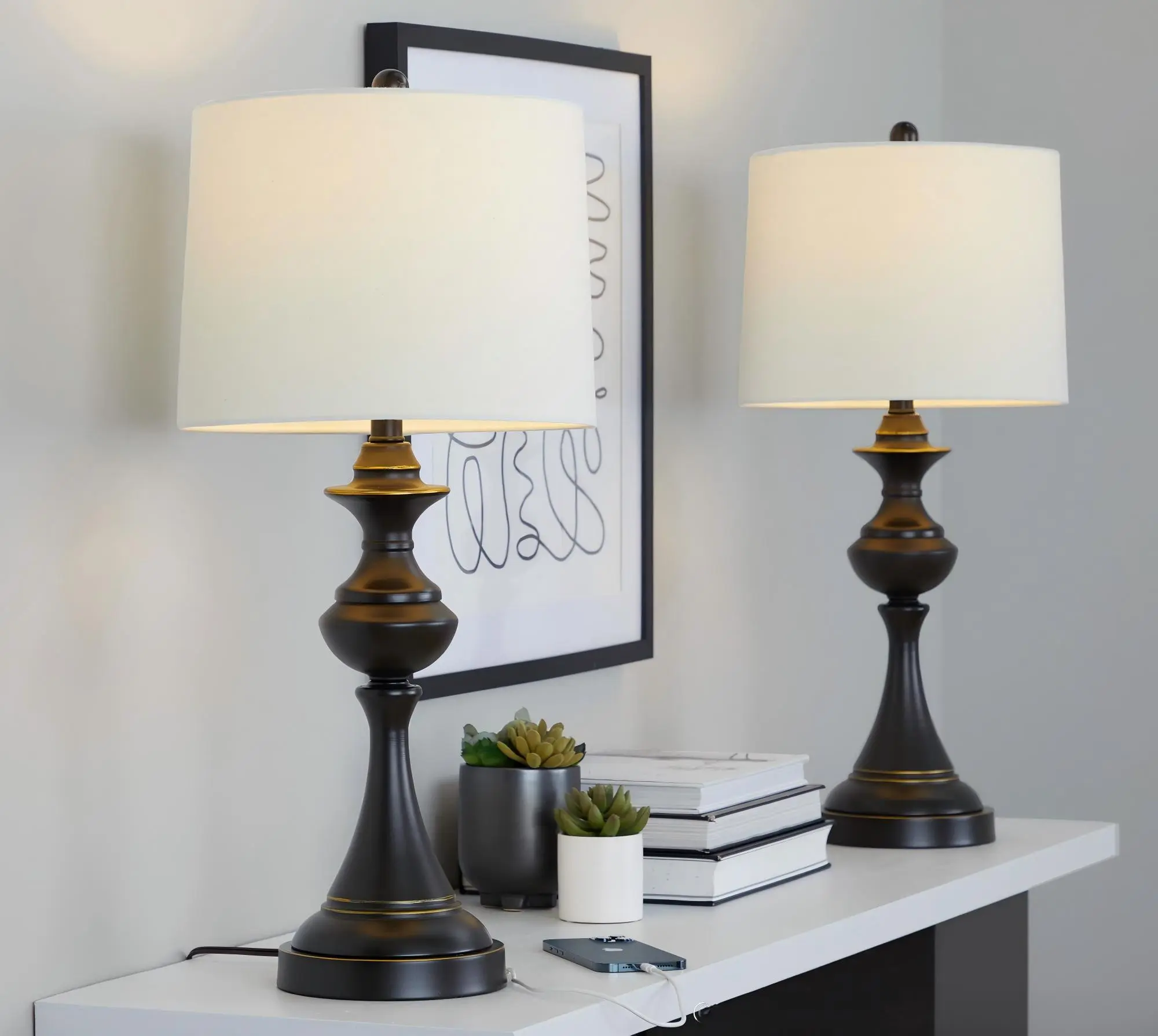 Set of 2 Contemporary Metal Table Lamps, 29" Tall, Oil Rubbed Bronze Finish with Off-White Linen Shades