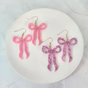 #555 Glitter Bow Earrings, Casual, Acrylic, Cute Everyday Jewelry