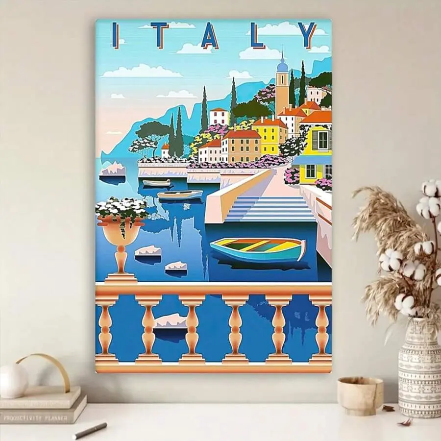 Italy Coastal Travel Canvas Wall Art, Mediterranean Seaside Village Poster Print, Colorful Vintage Vacation Decor for Bedroom Living Room Office, Canvas Poster or Framed Canvas Wrap
