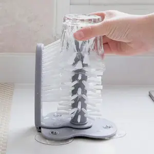 Water Bottle Cleaning Glass Washer Brush Cup Sink Washer Brush with Suction Base Bristle Brush for Beer Cup, Long Leg Cup, Red Wine Glass and More Bar Sink Brushes Cup Brush Bar Kitchen Tool