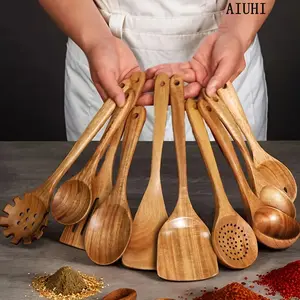 10-Piece Wooden Kitchen Cooking Tools Set, Durable Sturdy Heat-Resistant Wooden Spoons for Non-Stick Pots, Essential Kitchen Utensils