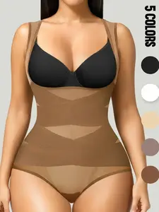 Women's Solid Color Open Bust Adjustable Hook & Eye Closure Crotch Shapewear Bodysuit, Breathable Comfortable Tummy Control High Waist Shaping Push Up Chest Shaper Bodysuit