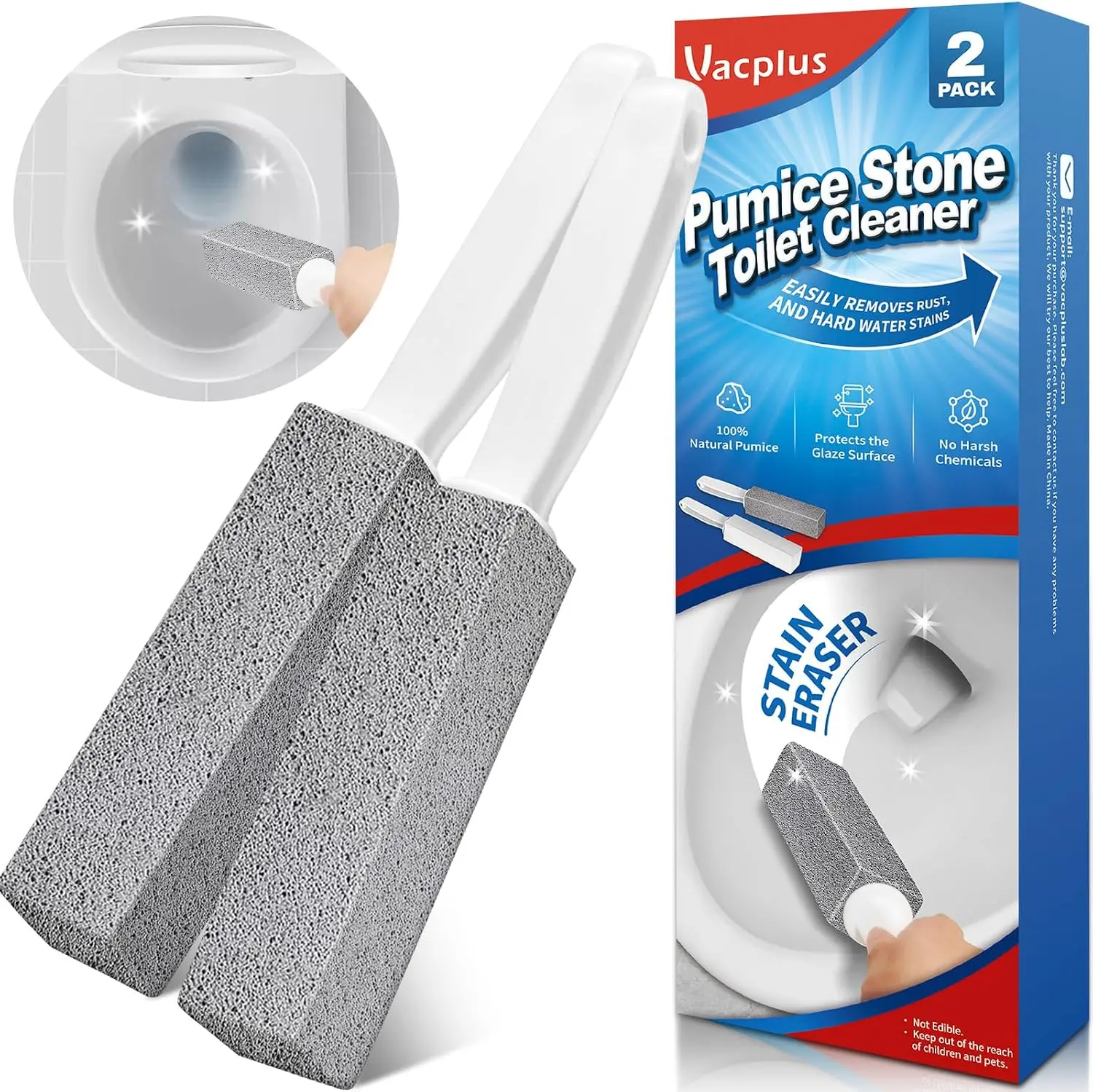 Toilet Brush - Toilet Bowl Cleaners with Extra Long Handle, 100% Pumice Stone for Toilet Cleaning, Remove Limescale, Rust, Cleaning Supplies for Toilet, Pool, Bathroom, Sink, 2 Pack