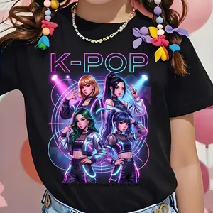 Kids' Cotton Anime Girl Group Star Graphic T-Shirt - Short Sleeves, Fitted Cut, Letter Print, Playful Vibe Casual Tee for Girls Funny Summer Tee