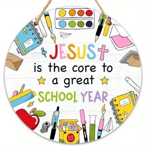 Christian School Classroom Decoration, Wooden Sign for Door Hanging, First Day of School Decor, 9.2x9.2 Inches, Christian Bulletin Board Collection