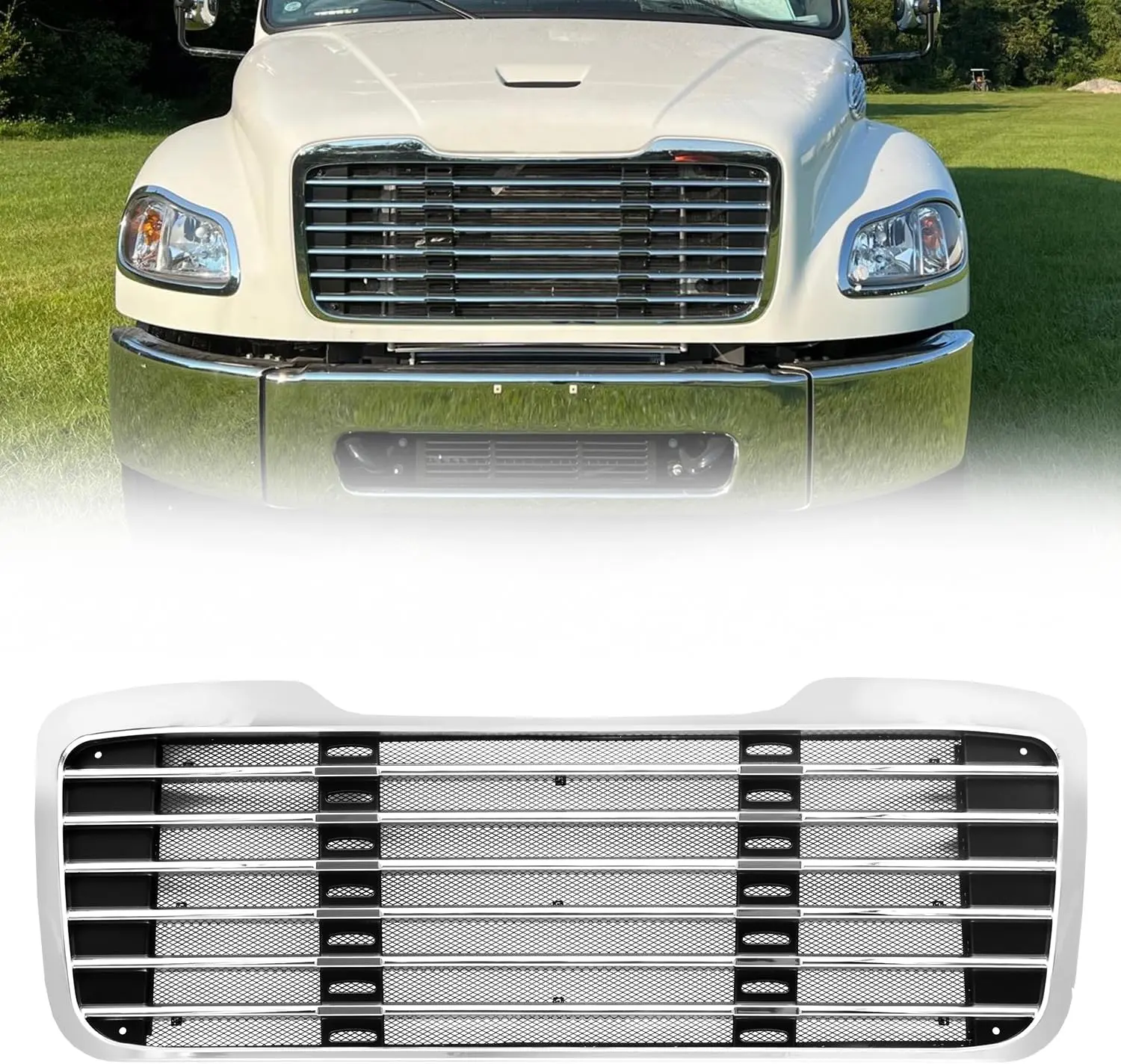 Front Chrome Radiator Hood Grille w/ Bug Screen Kit for 2003-2015 Freightliner M2 100/106/112 Semi Truck, Replaces A17-14787-001 17-14104-001 Bug Proof Mesh