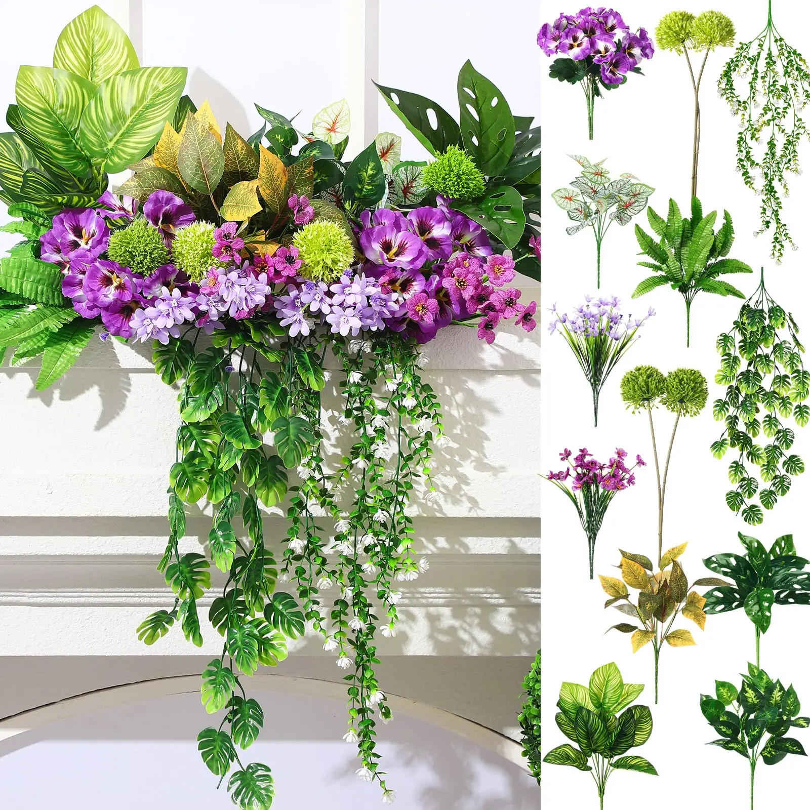18 Pcs Outdoor Artificial Plants Flowers UV Resistant Fake Bushes Greenery Stems Faux Shrubs for Outdoor Window Box Patio Porch Yard Decor
