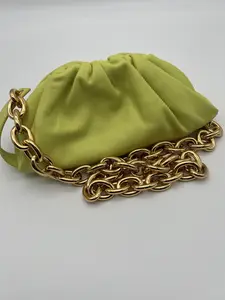 Pre-owned Bottega Veneta Calfskin Leather Clutches & Wristlets Calfskin Belt Chain Pouch in Lime Green with Gold Chain Accents Fashion Accessory