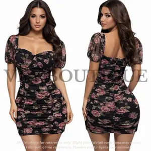 Floral Ruched Puff Sleeve Mini Dress BL