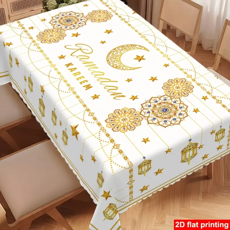 1pc Islamic Ramadan & Eid Tablecloth with Arabic Lantern & Crescent Moon - Ramadan Prayer Table Cover, Polyester Rectangular Muslim Dining Decor Suitable for Ramadan and Eid -Fitr