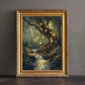 Enchanted Forest Willow Tree with Glowing Butterflies Canvas Poster, Magical Fantasy Stream Print, Dark Academia Whimsical Nature Wall Art for Bedroom Living Room, Unframed