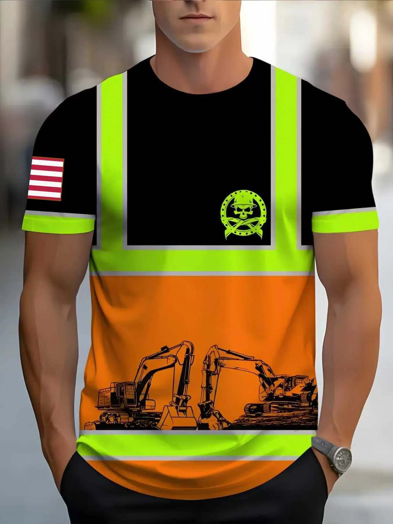 Men's 3D Digital Printed Casual Round Neck T-Shirt with Excavator Pattern Operator Menswear