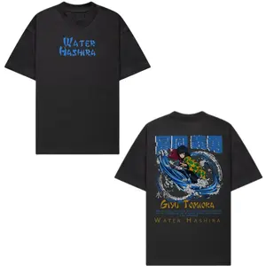 Demon Slayer Giyu Tomioka T-Shirt, Hoodie & Sweater – Water Hashira Front Logo & Wave Battle Graphic Back Print | Unisex, Sizes S–5XL