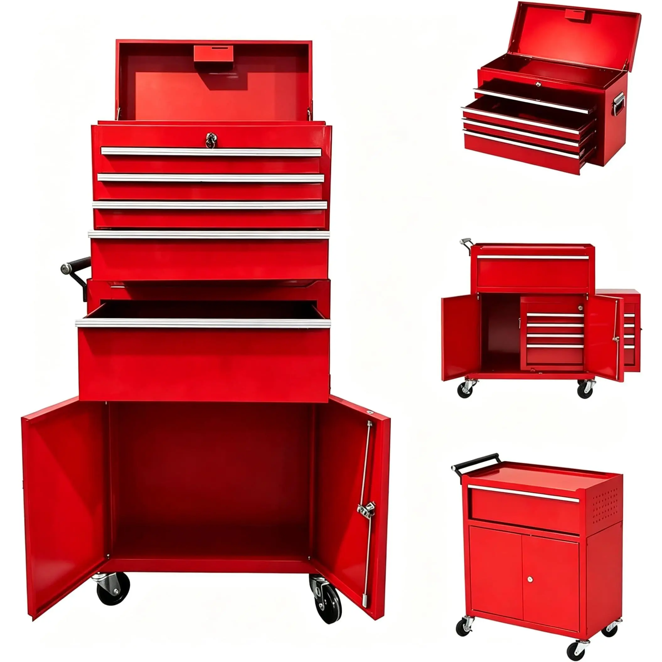 Tool Box with Wheels, 5-Drawer Rolling Tool Chest and Organizer for Garage & Workshop, Includes Detachable Top, Lockable Wheels and Sliding Drawers, Essential Tool Chest Cabinet Organizer