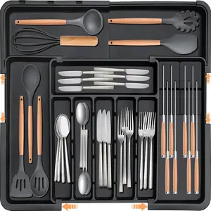 Expandable Large Silverware Organizer for Kitchen Drawer, Cutlery Tray Dividers with 2 Removable Knife Blocks, 6-9 Slots 22"x 19" Flatware Storage Organizer for Utensil, Black