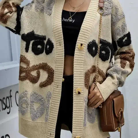 Women's Letter Jacquard Knitted Drop Shoulder Cardigan, Casual Long Sleeve V Neck Button Front Fit Knitwear for Spring & Fall, Fashion Women's Knit Clothing for Daily Wear, Womenswear, Tops, Knitting, Sweater Knitwear, 1 Piece, Lady, Medium