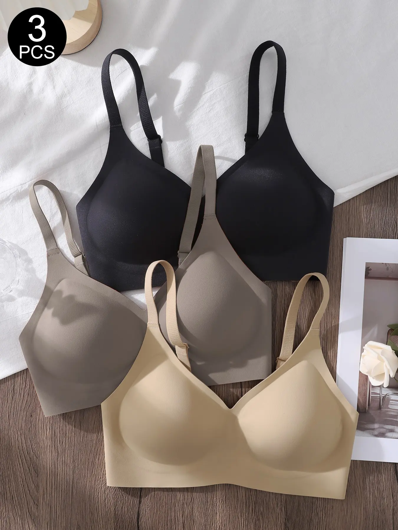 3-Pack Jelly Bra Set, V-Neck Wireless Padded Bras, Adjustable Strap Bralette, Padded Everyday Bra, Comfortable Daily Wear, Soft Fabric, Ideal for All Seasons, Women's Underwear