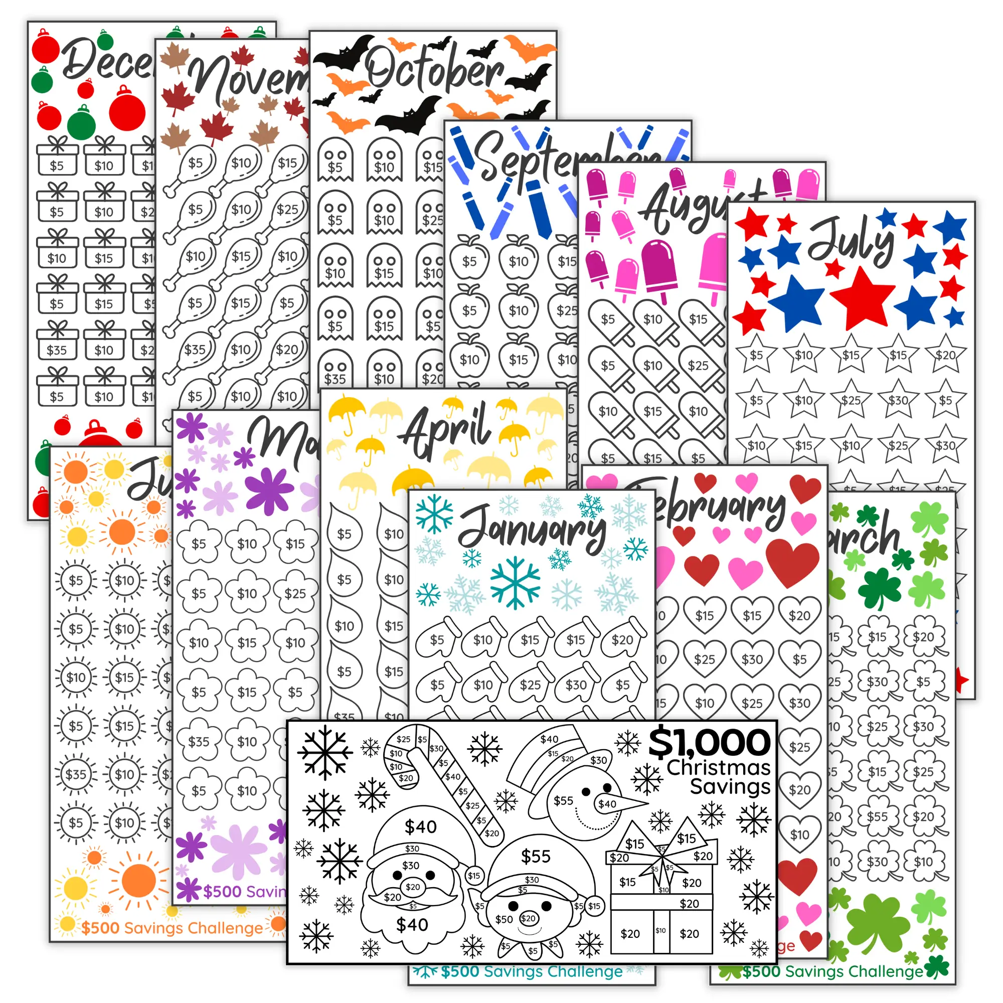 Honeydew Hive Laminated A6 3" x 6" $500 Monthly Saving Challenge Cards | $500 Savings Trackers & Bonus $1,000 Christmas Savings Challenge