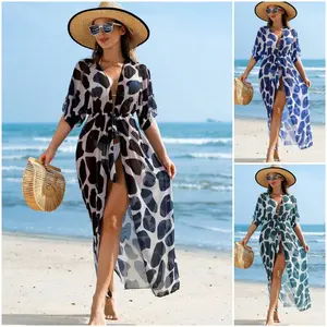 Women's Lightweight Sheer Chiffon Beach Cover Up | Cow Print Tie Waist Maxi Kimono, Sun Protection Swimsuit Cover for Summer