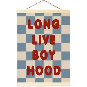 Blue Checkered Long Live Boyhood Hanging Flag Banner for Boys Room Vintage Nursery Wall Decor Toddler Teen Boy Bedroom Playroom Decoration