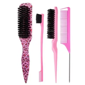 Boar Bristle Slick Back Hair Brush Set for Sleek Ponytail Bun Smoothing Baby Hairs Flyaways Edge Control Backcombing Teasing