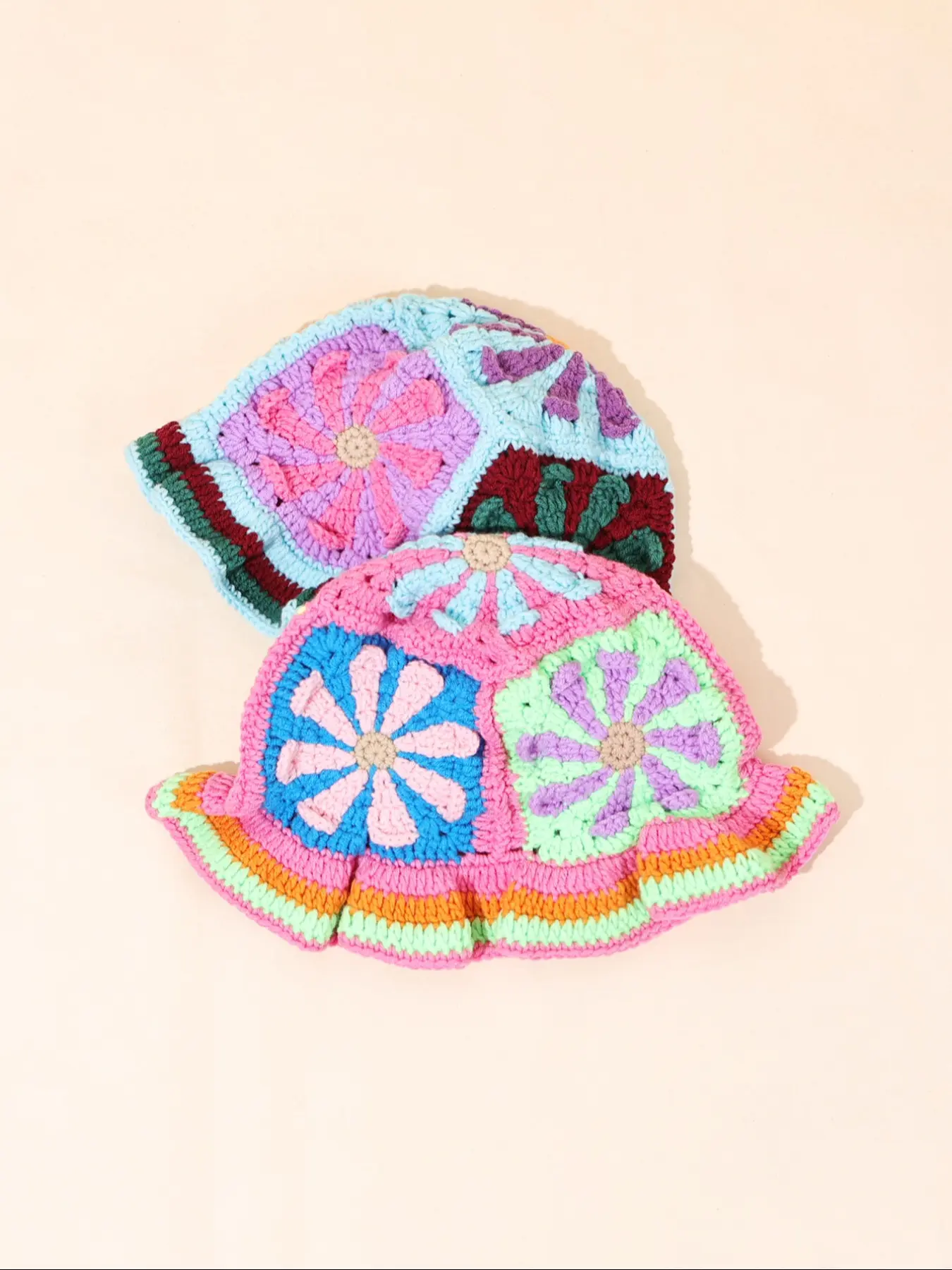 Vintage Multi-Color Flower Patch Hand Woven Bamboo Hat, Ultra Soft Warm Yarn, Winter Cold Wind Protection, Bohemian Streetwear Headwear